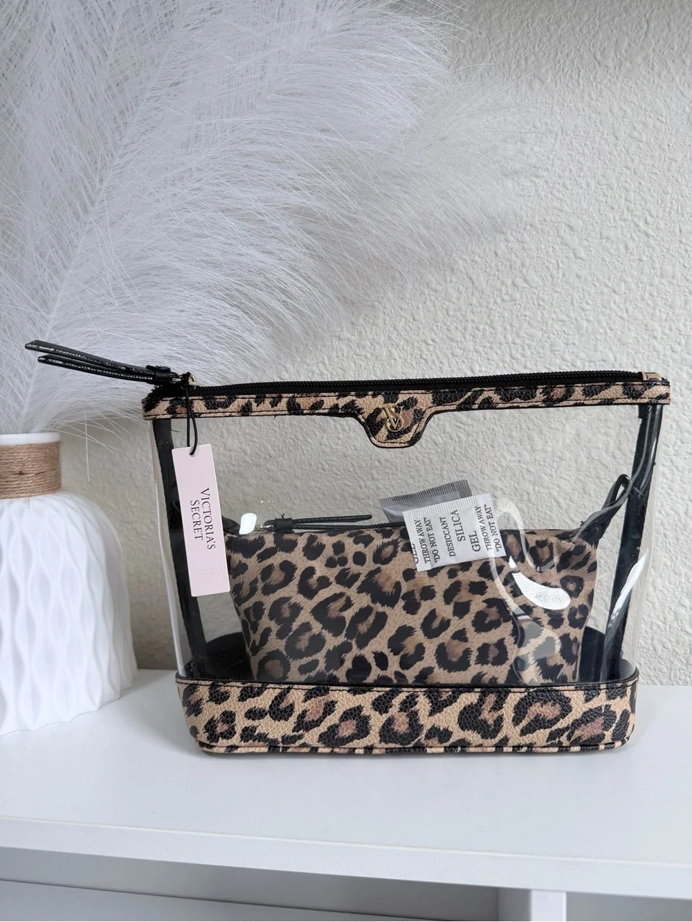 Victoria's Secret Leopard Print Clear Cosmetic Pouch Set - Tan, Black